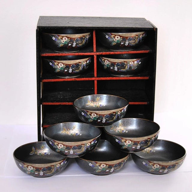 Japanese Kagoshima Black Satsuma Condiment Bowls With Wood Cabinet Display - 10 Piece Set For Sale - Image 3 of 11