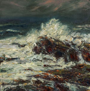 Coastal Cascais by Sparky LeBold | Oil on canvas of crashing waves on rocky shore.