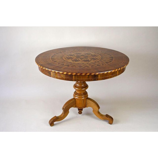 Brown Antique Biedermeier Round Coffee Table with Marquetry Works, 1860 For Sale - Image 8 of 18
