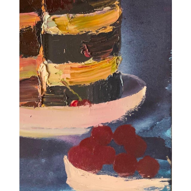 Vintage Still Life Oil Painting: Cake & Cherries, Ukrainian Art 50-40 For Sale - Image 6 of 6