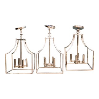 Vintage Stainless Steel 4 Light Lantern Chandeliers -Set of 3 For Sale