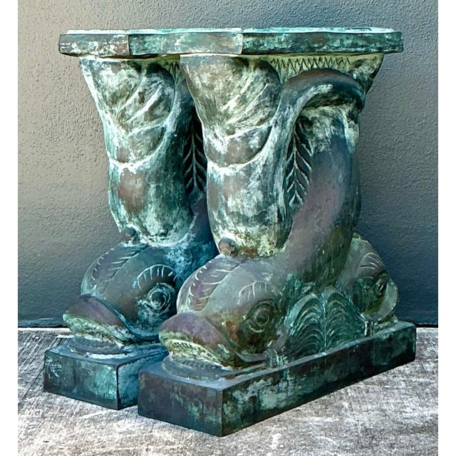 Verdigris Vintage Patinated Bronze Dolphin Table Pedestals - A Pair For Sale - Image 8 of 12