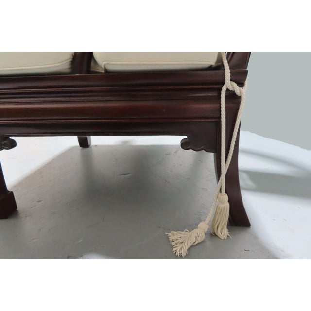 White Gorgeous 1950s Ming Style Dark Wood Horseshoe Chair With Scrolled Arms & Custom White Cushion For Sale - Image 8 of 10