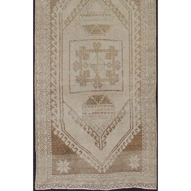 Tribal Vintage Turkish Oushak Runner With Floral Medallions in Taupe and Sandy Color For Sale - Image 3 of 12