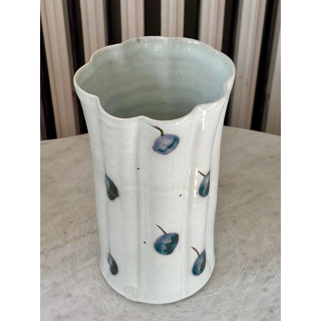 1990s 1990s Tall Folk Art Berry Scalloped Pottery Vase, Signed For Sale - Image 5 of 10