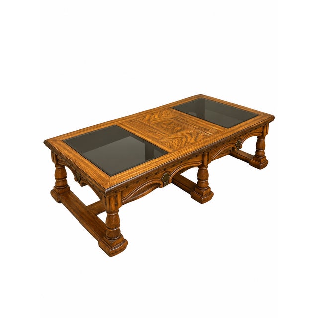 Spanish Revival Vintage Mediterranean Revival Parquet-Pattern Wood and Smoked Glass Coffee Table For Sale - Image 3 of 18