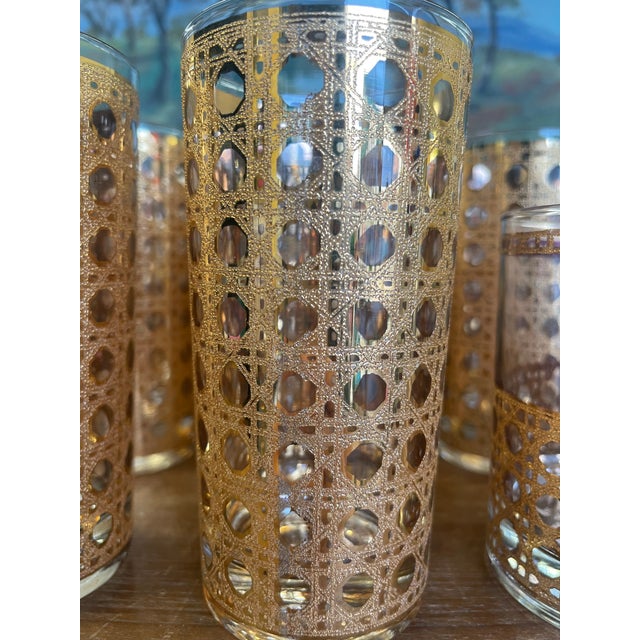 Glass Mid-Century Modern 1960s Gold-Toned Filigree Highball & Lowball Glassware Set - Set of 9 For Sale - Image 7 of 10
