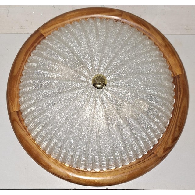 Vintage Ceiling Lamp with Pine Wood Frame and Segmented, Curved Ice Glass Shade, 1980s For Sale - Image 6 of 7