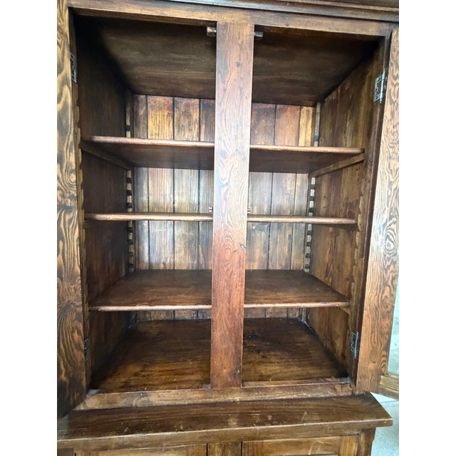 Antique-Style Pine Step-Back Hutch With Wavy Seedy Glass Doors For Sale - Image 4 of 10