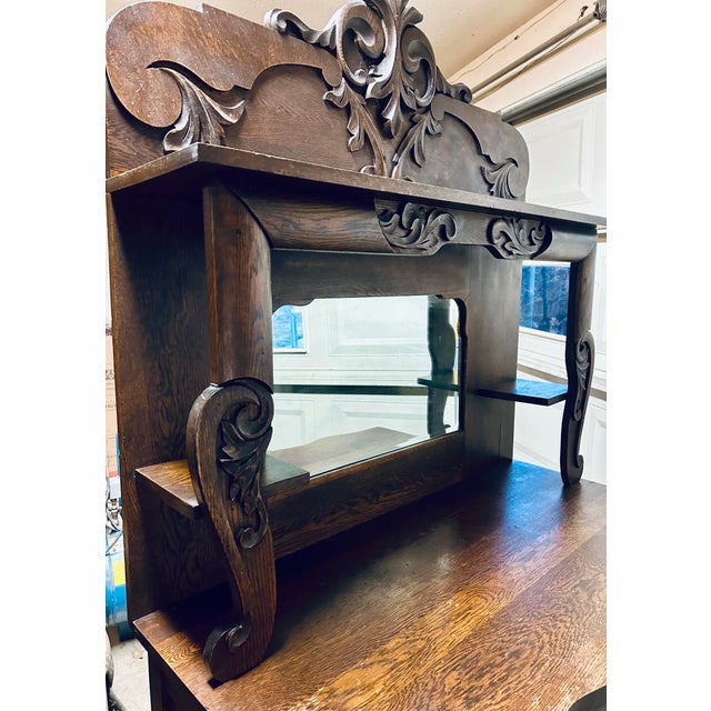 Antique Victorian Carved Tiger Oak Wood Buffet With Mirror For Sale - Image 10 of 12