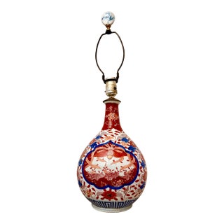 Meiji Period Antique Japanese Imari Porcelain Chinoiserie Vase Table Lamp in Red, Blue & White For Sale