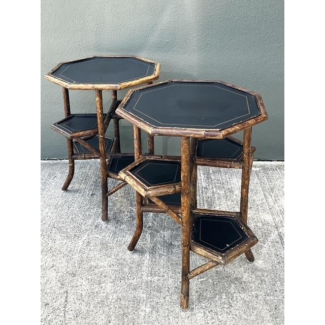 Late 20th Century Vintage Octagon Burnt Bamboo Side Tables - A Pair For Sale - Image 5 of 12
