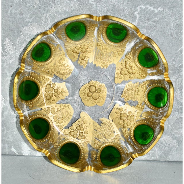 1940s Vintage Pair of Bohemian Moser Style Dishes Etched Emerald & Gold Glass For Sale - Image 5 of 12