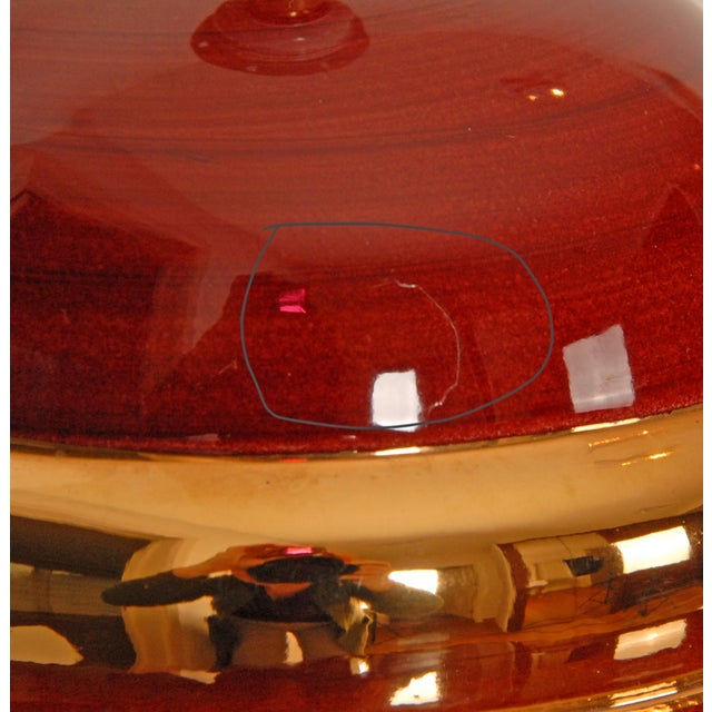 Vintage Table Lamps Red Gold Ceramic Vase Lamps France 1970s - A Pair For Sale - Image 11 of 12