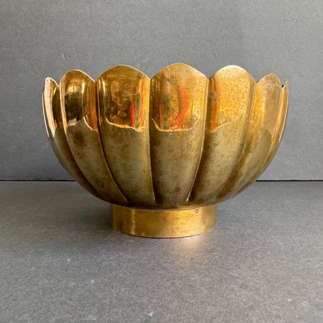 Vintage Brass Lotus Flower Planter Cache Pot Centerpiece Bowl For Sale - Image 4 of 8