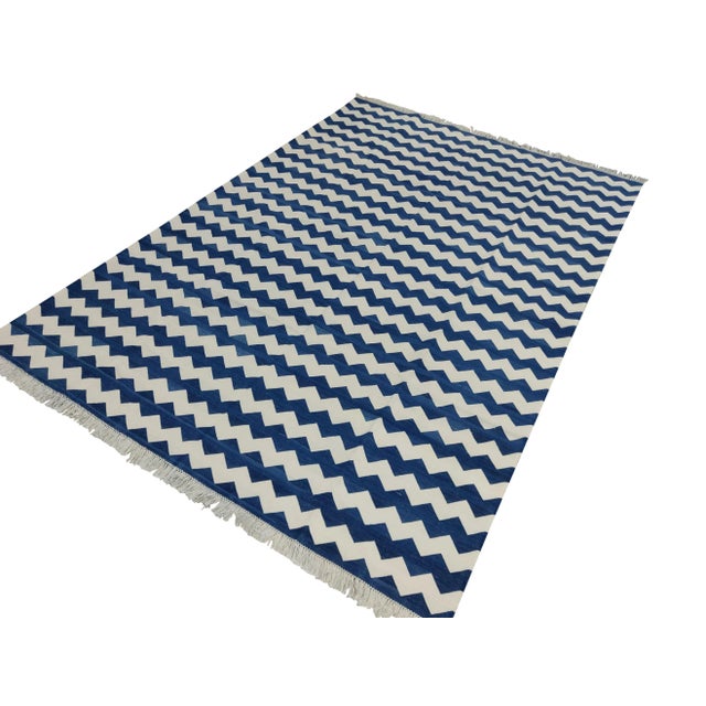 Textile Handmade Cotton Small Chevron Rug, Blue And White - 8'x10' For Sale - Image 7 of 7
