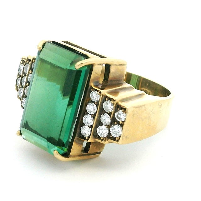 Emerald 1970s Emerald Cut Green Tourmaline and Diamond 18k Gold Statement Ring, Size 7.5 For Sale - Image 8 of 15