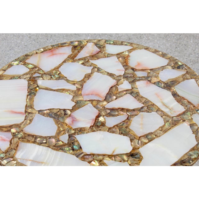 Gold Vintage Agate, Onyx & Abalone Mosaic Side Table With Wrought Iron Base – Hollywood Regency / Mexican Modern For Sale - Image 8 of 17