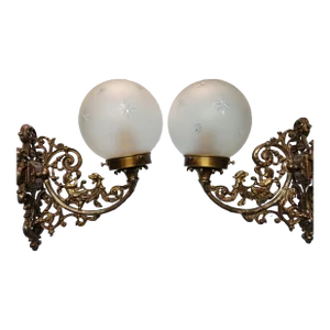 Pair Vintage Art Nouveau Deco Cherub Wall Sconces in Brass & Frosted Star Globe Glass Shade