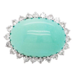 Vintage Mid-Century Modern 14k Gold, Diamond, & 33 Ct. Turquoise Cabochon Brooch For Sale