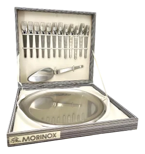 Minimalist Dessert Forks, Plate and Dessert Scoop by Carl Auböck for Morinox, 1950s, Set of 14