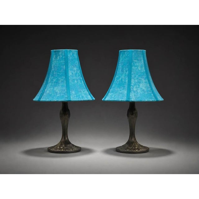 Mid 20th Century Matching Pair of Blue Shade Table Lamps With Bronze Tone Bases For Sale - Image 4 of 6