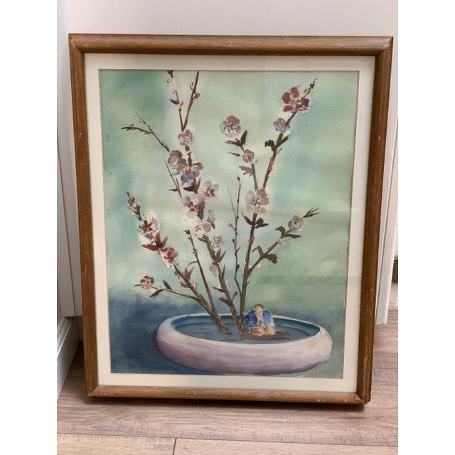 Vintage Asian Chinoiserie Cherry Blossom Watercolor Painting For Sale - Image 4 of 11
