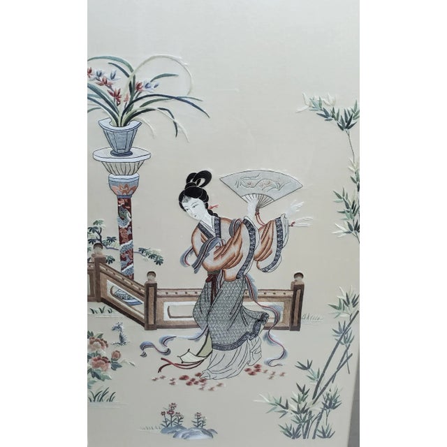 Late 20th Century Antique Pair of Chinese Embroidered Silk Panels- Ladies in Garden Framed For Sale - Image 9 of 12