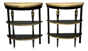 Hollywood Regency, Ebony Painted Wood, Onyx, Demilune Console Tables, 1930s