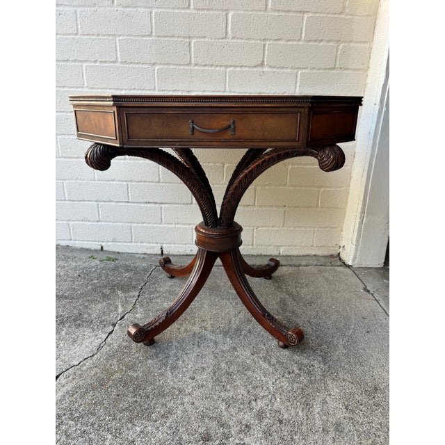 Antique English Regency-Style Drum Table Is Constructed From Mahogany Wood and Features an Octagonal Leather Top With Gold Tooling For Sale In Los Angeles - Image 6 of 10