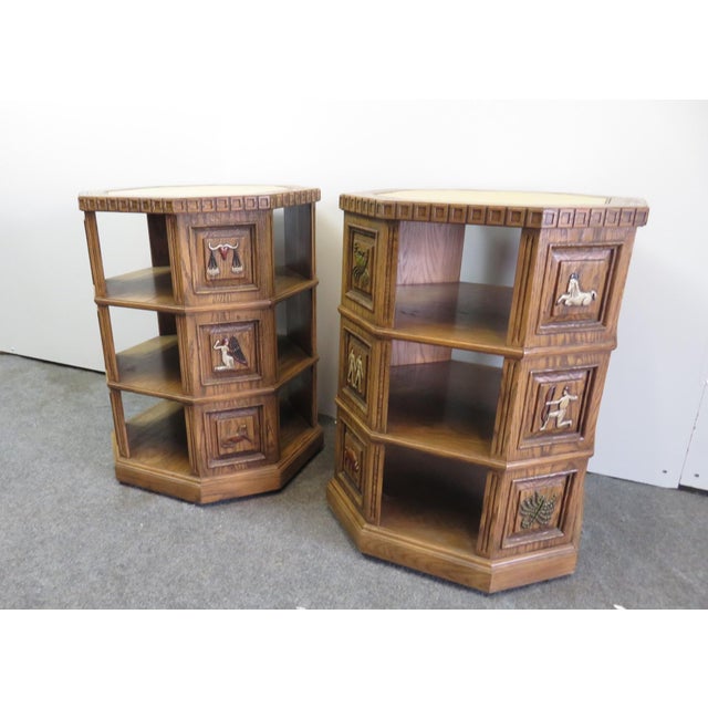Romweber Mid Century Carved Oak Zodiac Tables a Pair Chairish