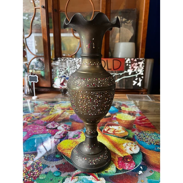 1970s Large Brass Hand Painted Design Vase For Sale In Atlanta - Image 6 of 10