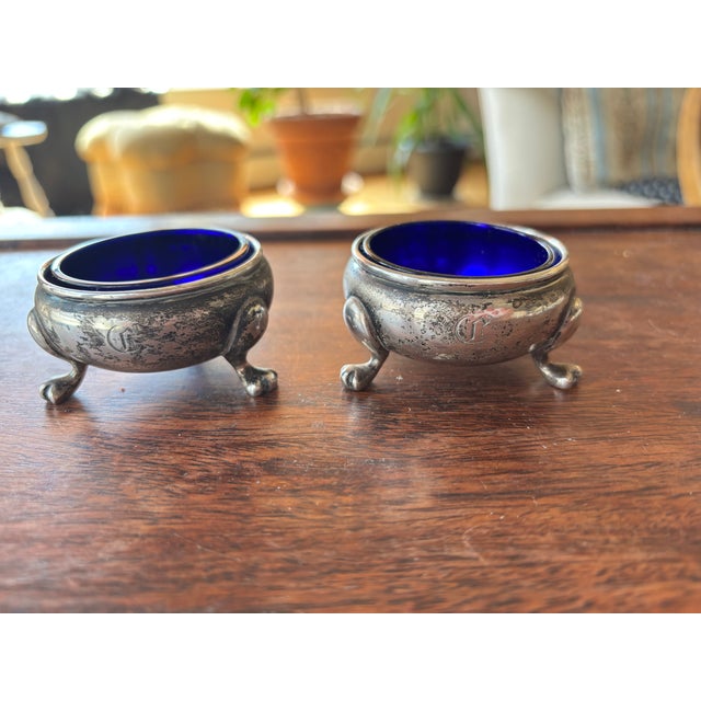 Antique Sterling Silver Figural Bird Salt and Pepper Shakers With Cobalt Glass Salt Cellers - Phillp H. Stevens - 4pcs For Sale In New York - Image 6 of 14