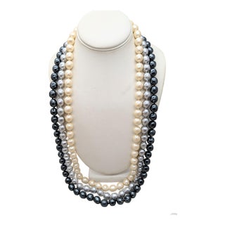 Vintage 1980s Signed Les Bernard 3-Strand Faux-Pearl Necklace For Sale
