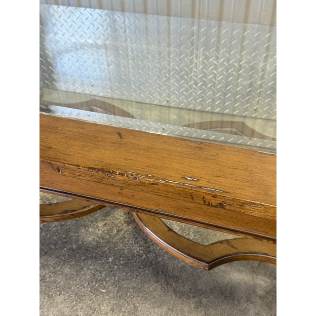 Farmhouse William and Mary Style Rustic Wood Glass Top Farmhouse Coffee Table For Sale - Image 3 of 10