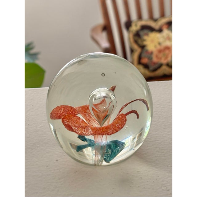 Vintage Orange Floral Hand-Blown Glass Paper Weight For Sale - Image 6 of 7