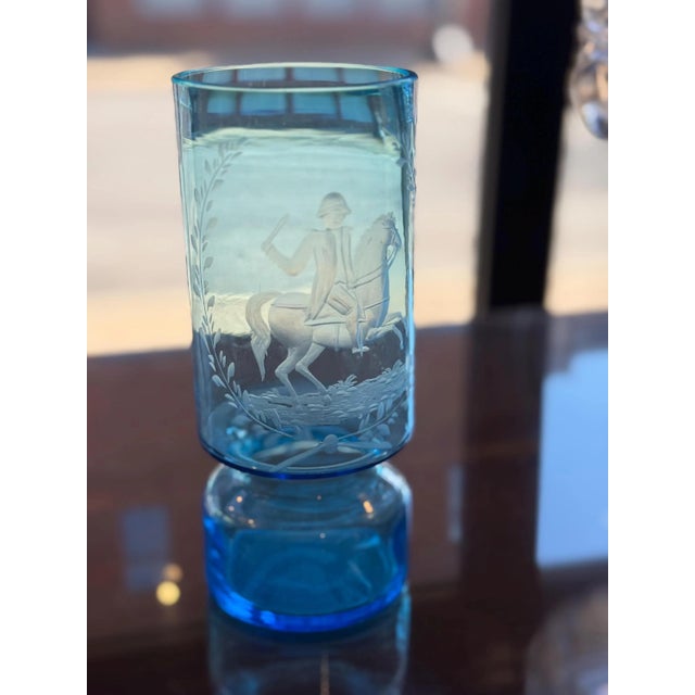Antique Victorian Blue Etched Glass Vase- American Bicentennial- Rare Find For Sale - Image 4 of 10
