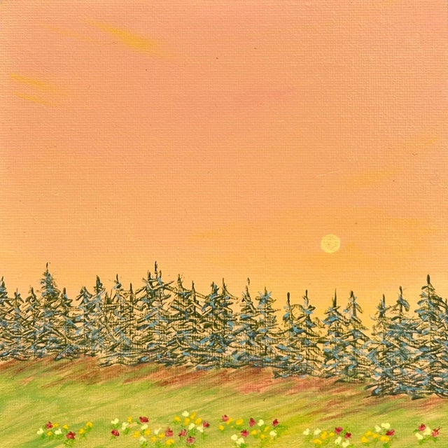 A Day Ends 6" X 6" Acrylic Painting Forest Sunset Landscape Original Wall Art For Sale - Image 6 of 7