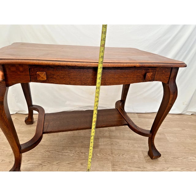 Antique Cadillac Expanding Desk Table, Drawer, Tiger Oak, Bottom Shelf, Ink Well For Sale - Image 10 of 13
