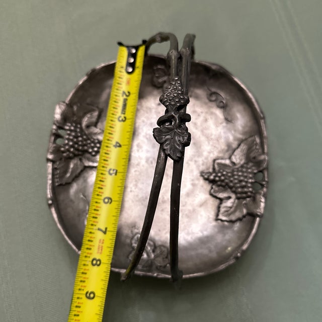 19th C. Nouveau Jugendstil Ornate Pewter Handled Basket Visiting Card Tray For Sale - Image 12 of 12