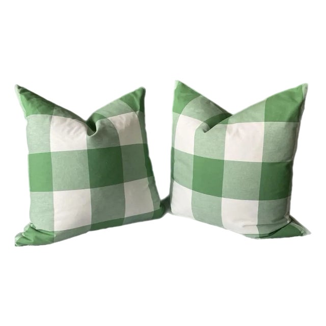 One Pair of Spring Green Buffalo Cotton Check Pillow Covers For Sale