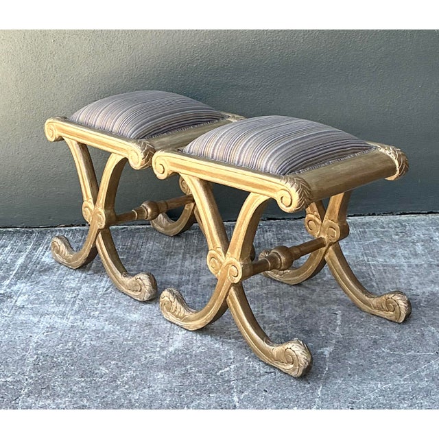 Vintage Gilt Tipped X Benches - A Pair For Sale In West Palm - Image 6 of 12