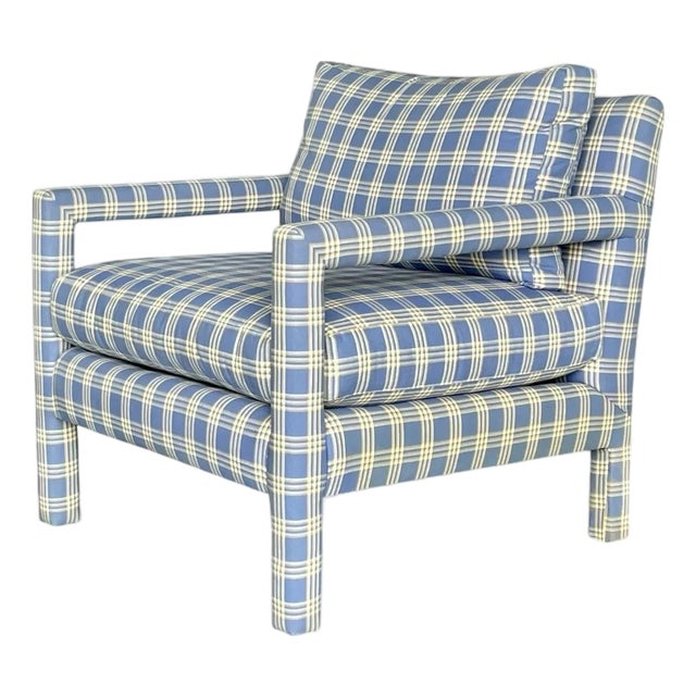 Vintage Parsons Lounge Chair With Custom Blue Plaid Upholstery | Milo Baughman Style For Sale