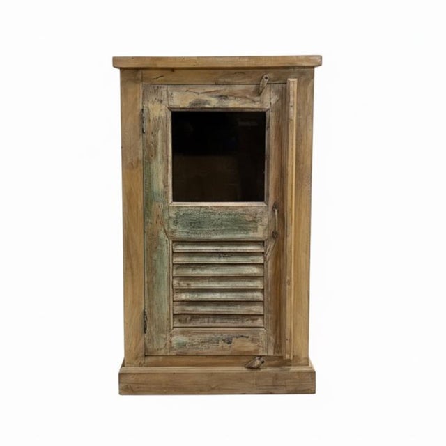 Beige 1990s Farmhouse Style Distressed Wood Narrow Cabinet With Glass | 24" Wide Rustic Cabinet For Sale - Image 8 of 9