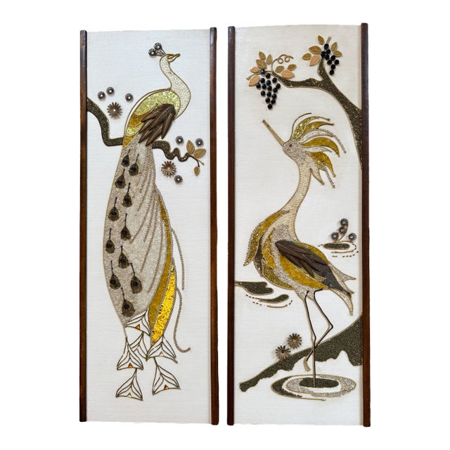 Pair of Mid 20th Century Mixed-Media Peacock & Egret Wall Art Panels For Sale