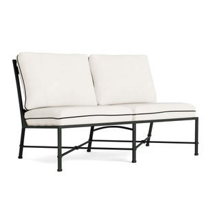 Brown Jordan Venetian Armless Loveseat in Black Jade with Sea Salt and Castaway Welt Cushions For Sale