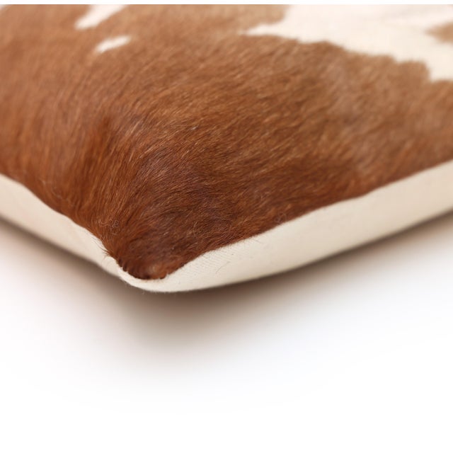 Luxury Brown & White Genuine Cowhide Patchwork Pillow 18x18 | Handmade Hair-on Leather Cushion For Sale In San Francisco - Image 6 of 7
