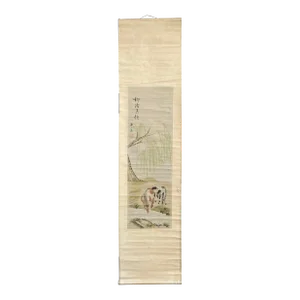 Chinese Color Ink Vertical Horses Theme Scroll Painting Wall Art