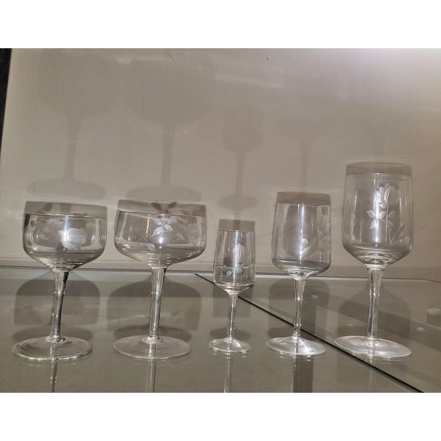 Transparent 12 People Set 5 Sizes-58pcs Crystal Wine Glasses-1970 Society Crystal -Delicate Flower Etched Design For Sale - Image 8 of 17