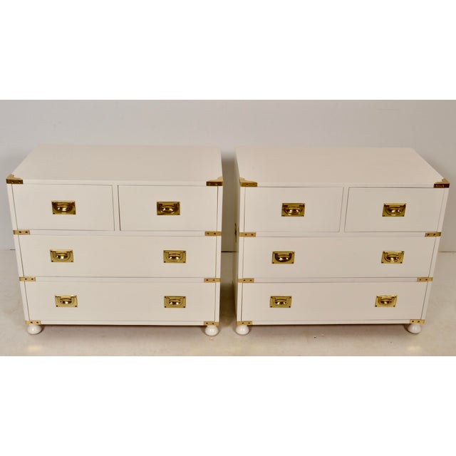 Very fine campaign style chests with solid brass hardware. Newly lacquered in BM White Dove, satin finish. These chests...